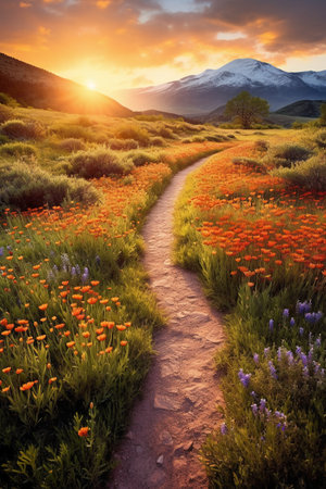 Hiking trail with poppies and alpine meadows at sunsetの素材