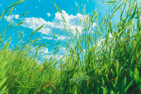 Green grass on a background of blue sky with clouds. Nature background.の素材