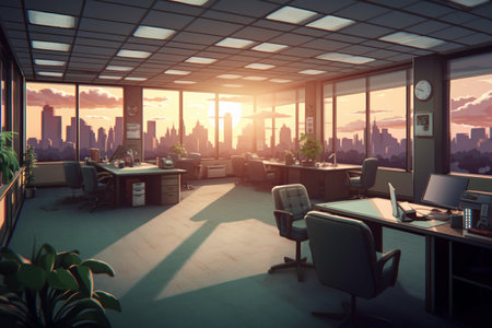 Office interior with city view. 3d rendering toned image double exposureの素材