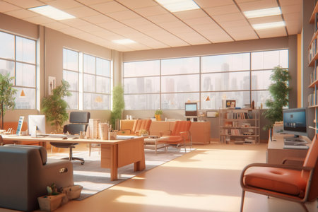 Modern office interior with furniture and city view. 3D Renderingの素材