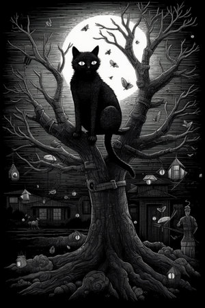 Black cat sitting on a tree in a cemetery. Halloween illustration.の素材