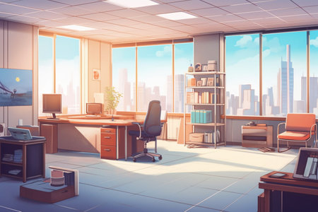 Modern office interior. Workplace and city view. 3D Renderingの素材