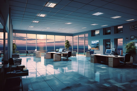 Modern office interior with panoramic sea view. 3D Renderingの素材