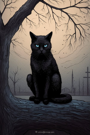 Black cat sitting on a tree in the forest, vector illustration.の素材