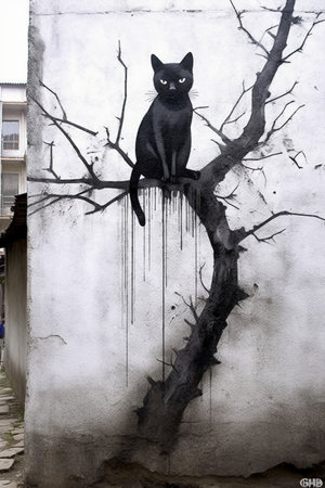Street art. Black cat sitting on a tree branch against a wallの素材