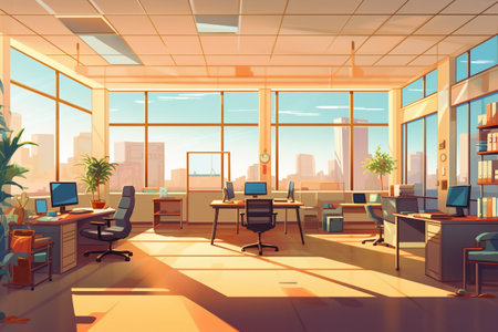 Modern office interior with city view. 3D rendering, 3D illustrationの素材