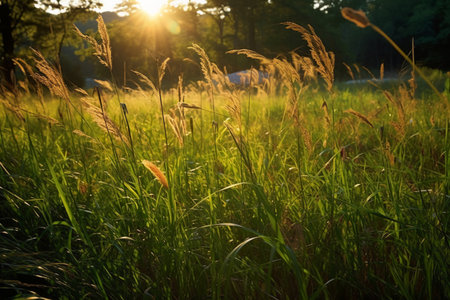 Sunset in the meadow with grasses and sun rays.の素材