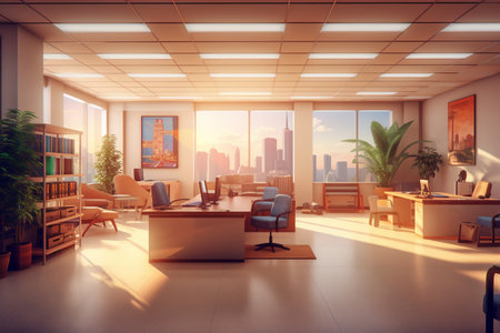 Modern office interior with panoramic city view. 3D Renderingの素材