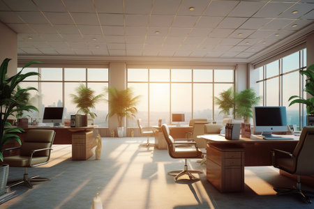 Modern office interior with city view and daylight. 3D Renderingの素材