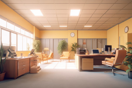 Interior of modern office with yellow walls, concrete floor, rows of computer tables and yellow chairs. 3d renderの素材