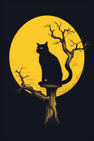 Black cat sitting on a tree in front of a full moon.の素材