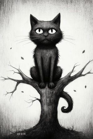 Black cat sitting on a tree in the forest. Hand drawn illustration.の素材