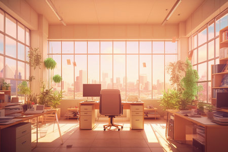 Office interior with panoramic city view. 3D Renderingの素材