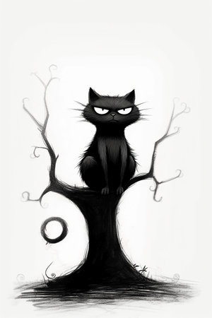 Black cat sitting on a tree in the form of a circle.の素材