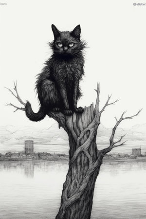 Black cat sitting on a tree branch over a lake. Black and white illustration.の素材