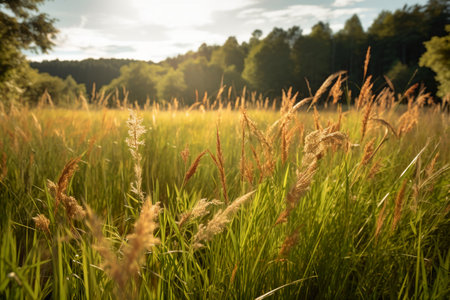 Grass in the meadow at sunset. Beautiful natural background.の素材