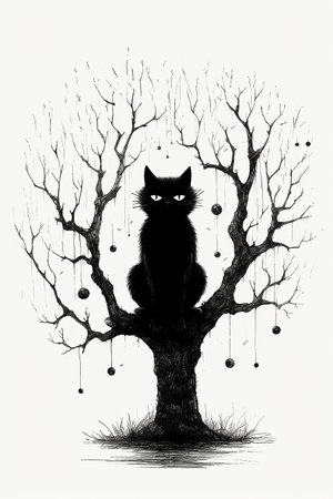 Black cat sitting on a tree and looking at the sky. Vector illustration.の素材