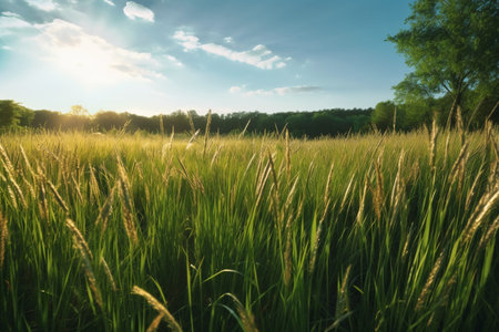 Sunset over a meadow with ears of wheat in the foregroundの素材