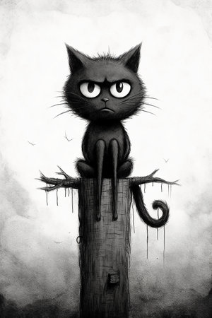Black cat sitting on a wooden post, monochrome illustration.の素材
