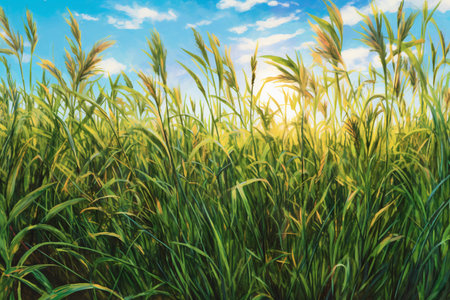Beautiful green grass and blue sky. Nature background. Digital painting.の素材