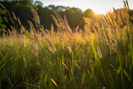 Grass flower in the meadow at sunset. Nature background.の素材