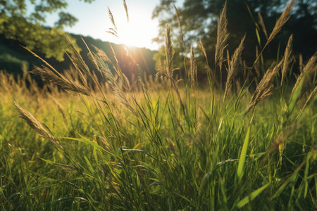 Sunset in the meadow with grasses and sunbeamsの素材
