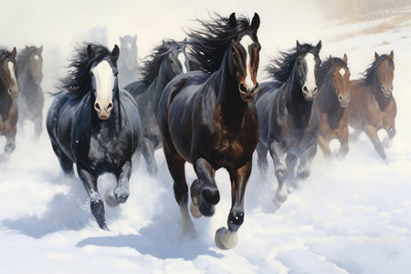 Horses run gallop in snow in winter. Portrait of horses.の素材