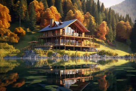 Beautiful wooden house on a mountain lake in autumn. 3d renderingの素材