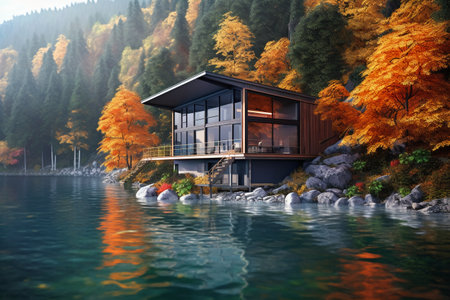 3d rendering of modern wooden house on mountain lake in autumn seasonの素材