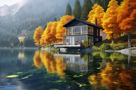 House on the lake with autumn trees in the background. 3d renderの素材
