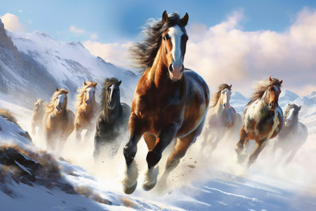 Horses running in the snow in the mountains. 3d renderingの素材