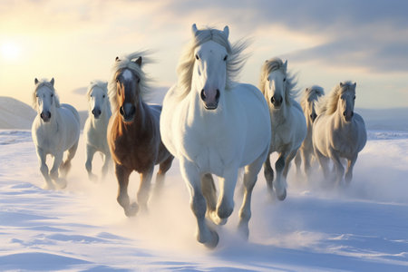 Herd of horses running in the snow on a sunny winter dayの素材