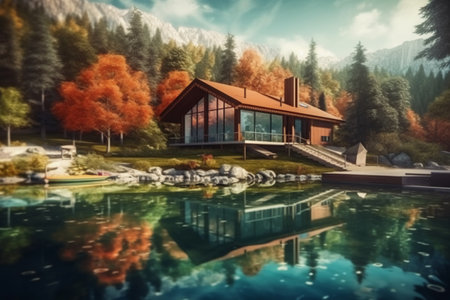 3d rendering of modern cozy chalet with pool and parking for sale or rent in mountains. Beautiful autumn landscape with forest and lake.の素材