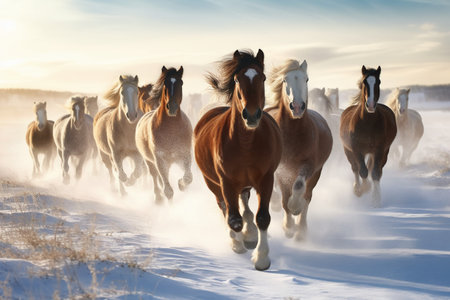 Herd of horses running in the snow in winter at sunset.の素材