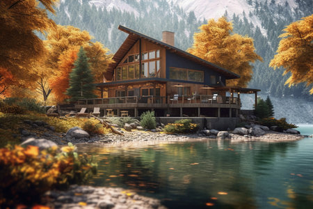 Wooden house on the lake in the mountains. 3d renderの素材