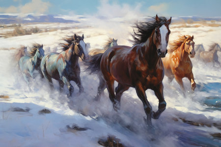 Horses running in the snow. Digital painting on canvas. Oil painting.の素材