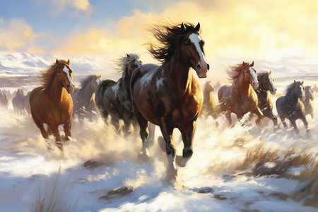 Beautiful horses run gallop in winter landscape. Digital painting.の素材
