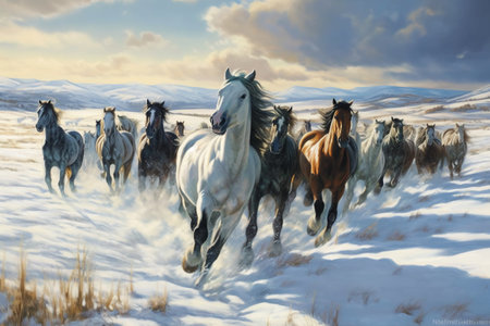 Herd of horses galloping on snow in winter, 3d illustrationの素材