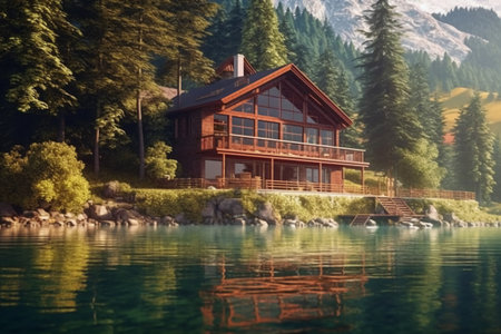 Beautiful wooden house on the shore of a mountain lake in the mountainsの素材