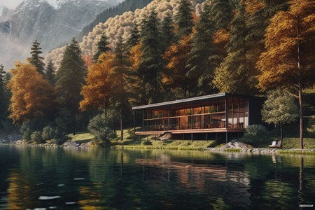 Wooden house on the lake in the mountains. Concept of ecological and photo tourismの素材