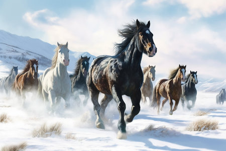 Horses running in the snow in the mountains. 3d renderingの素材