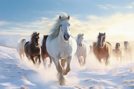 Icelandic horses running in the snow in winter with blue skyの素材