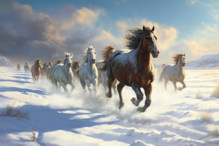 Herd of horses running in the snow in winter. 3d renderingの素材