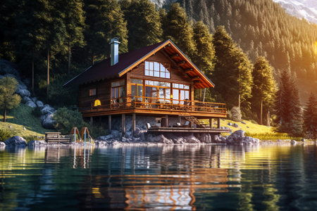 Beautiful wooden house on the lake in the mountains. 3d renderingの素材