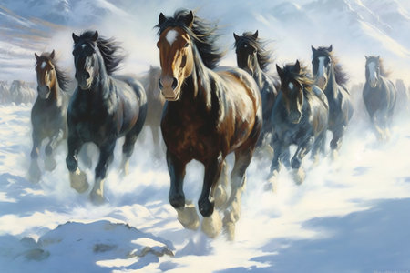 Horses running on snow in winter. Digital painting, illustration.の素材