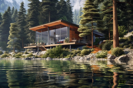 Wooden house on the lake in the mountains. 3d renderingの素材