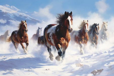 Horses running in the snow in winter, digitally rendered illustration.の素材