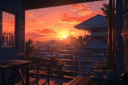 Sunset at the balcony of a restaurant in the morning with a beautiful skyの素材