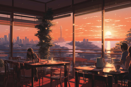 Restaurant interior with city view, people sitting at table and looking at sunsetの素材