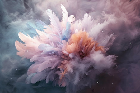 Beautiful color feathers in the smoke. 3d rendering, 3d illustration.の素材